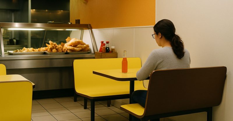 Mysig thailändsk restaurang med varma färger, flätade stolar, och gröna växter.